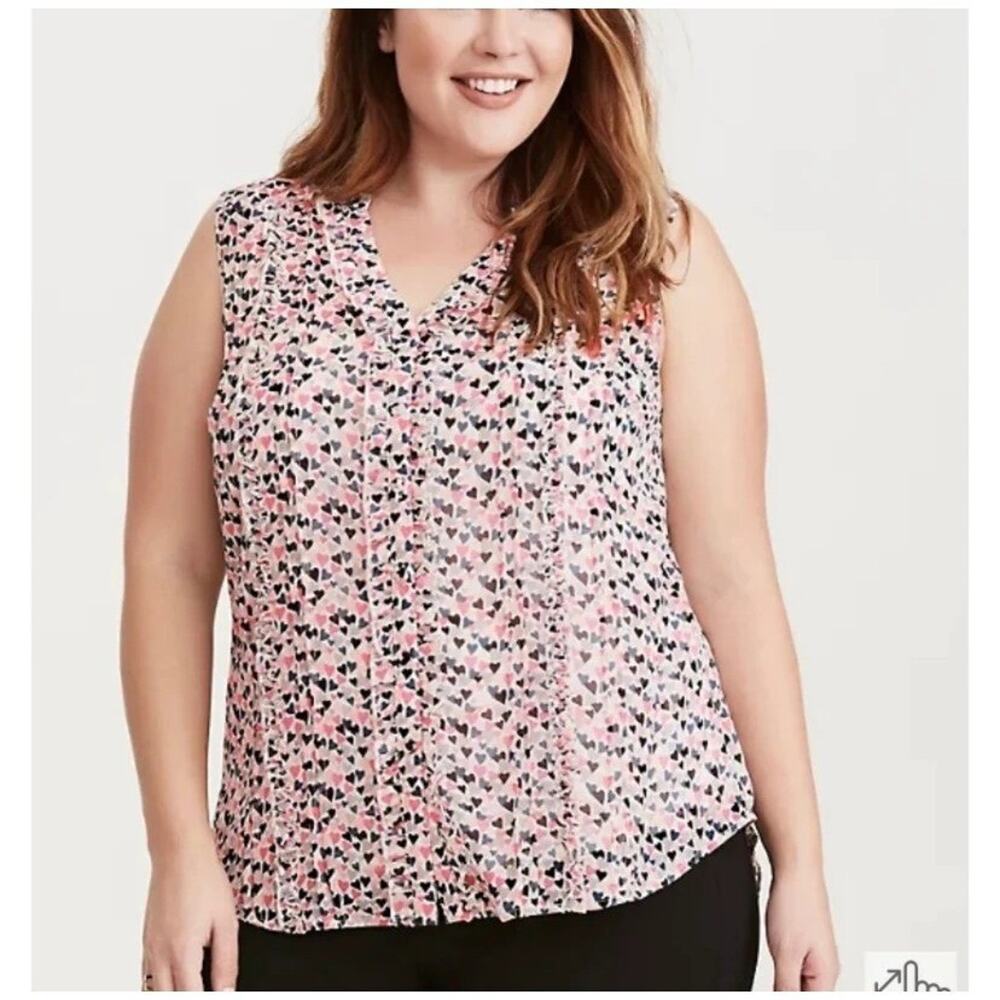Torrid Womens Heart Print Chiffon Ruffle Button Blouse Size 1X Sheer Layering
